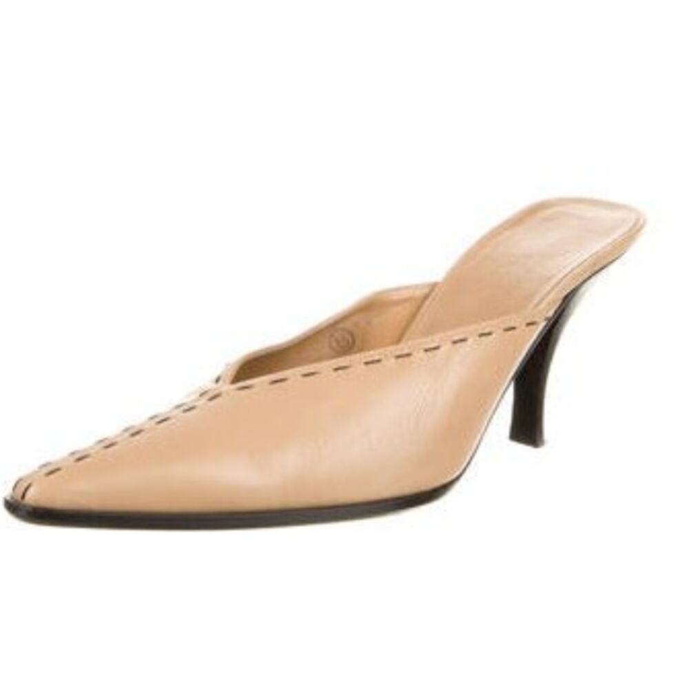 Hermès Tan Leather Stitched Trim Mule Heels, Sz 38 / 7.5